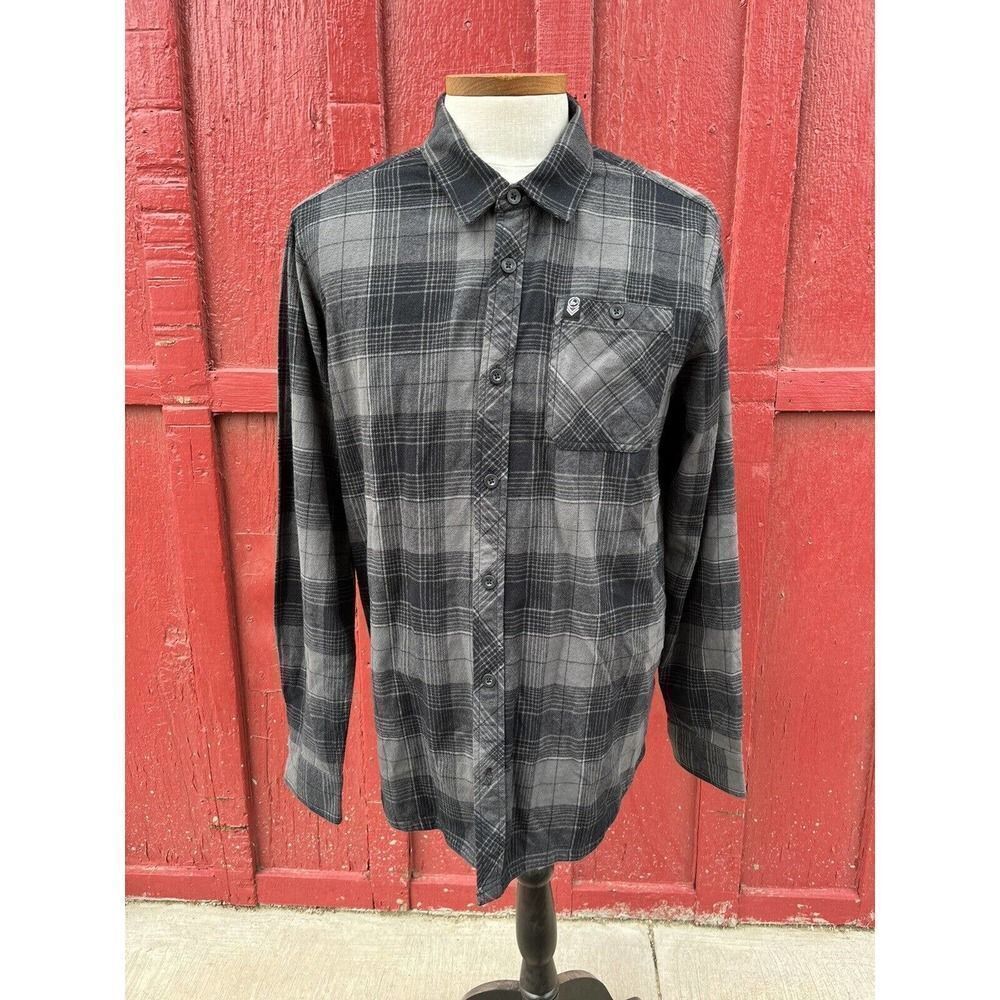 Metal Mulisha Mens Grey Plaid Button Down Flannel Size Large